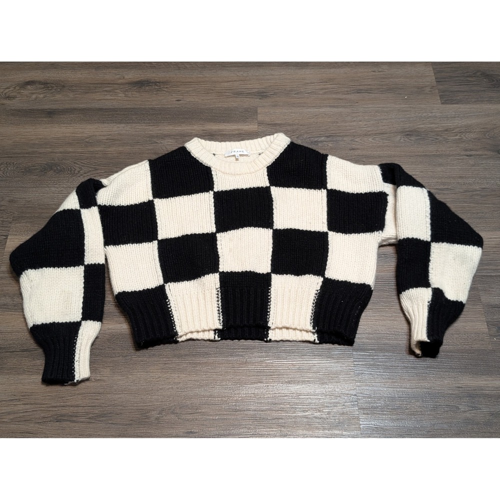 FRAME XL Checkered Merino Wool Cropped Sweater Black White LWSW1610 Chunky Knit